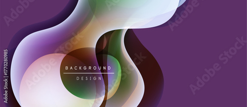 Abstract fluid shapes, purple hues dominate. Modern design elements create dynamic visual flow. Background suggests elegance, simplicity.