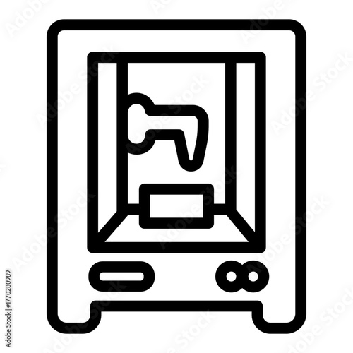 3D printer machine line icon, smart manufacturing concept, device print volumetric plastic objects sign on white background, outline style for mobile web design. Vector graphics.