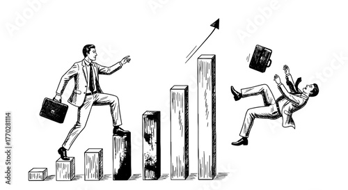 Businessman Climbing Graph, Facing Setbacks in Corporate Ascent, Achieving Professional Goals in Competitive Environment, Illustrating Career Development, Risk and Reward, Progress and Failure, Leader
