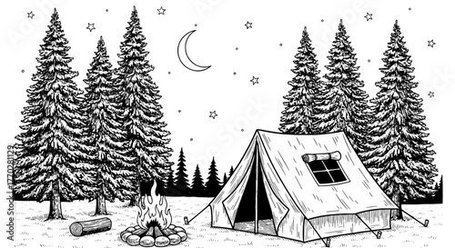 Vintage Camping Scene at Night with Tent and Campfire in Forest: Relaxing under Moonlight, Starry Sky, Adventure Travel, Campground Getaway, Nature Escape, Wilderness Exploration, Recreation, Hand-Dra