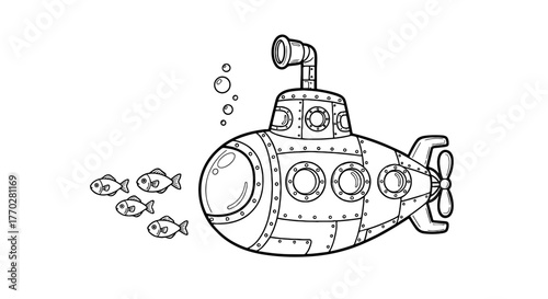 Cartoon Submarine Exploring Underwater with School of Fish, Cute Vessel Traveling Deep Sea, Nautical Adventure Illustration for Children's Book, Coloring Page Template, Marine Life Theme, Travel and E