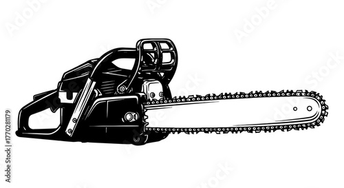 Powerful Chainsaw Ready for Wood Cutting Projects in Forestry and Construction, Illustrative Black and White Vector Image Depicting Power Tools for Carpentry, Logging and Tree Felling, Ideal for Indus