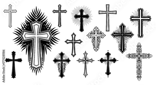 Ornate Crosses Collection Depicting Faith and Spirituality for Church, Religion and Gothic Themes, Designs Representing Christianity and Belief, Symbolism for Easter, Good Friday, Baptism, and Memoria