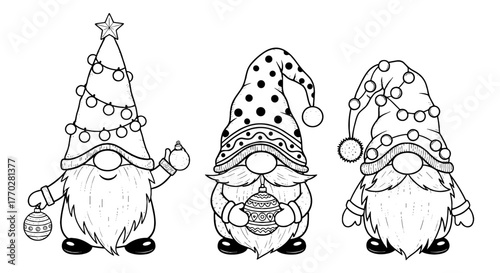 Festive Christmas Gnomes Decorating for the Holidays: Whimsical Illustration for Seasonal Greetings, Holiday Cards, and Children's Crafts, Representing Holiday Cheer, Joy, and Winter Celebration, Blac