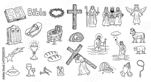 Christian Symbols and Biblical Scenes Illustration: Depicting Religious Elements, Scripture Events, and Jesus's Life, Emphasizing Faith, Spirituality, and Christianity for Educational, Church, and Dev