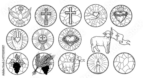 Christian Symbols Stained Glass Medallions: Religious Faith & Spirituality Designs for Church, Education, & Graphic Arts Projects, Featuring Crosses, Dove, Lamb of God, Hearts, Grapevines, Peace Emble