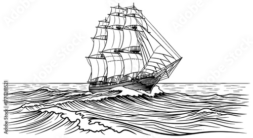Detailed Line Art of a Majestic Sailing Ship Navigating Turbulent Waters, Capturing the Essence of Nautical Adventure and Historical Exploration Amidst Crashing Waves and Maritime Drama, Ideal for Ill