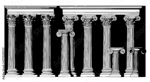 Detailed Antique Columns Architecture Standing Tall in Classic Row, Representing Historical Grandeur, Stability, and Enduring Legacy for Heritage Projects, Architectural Visualization, Historical Illu