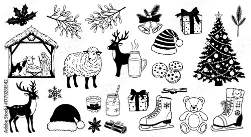 Festive Christmas Holiday Season Black and White Illustrations: Hand-Drawn Winter Elements,  Nativity Scene, Gifts, and Decor for Festive Greetings, Invitations, Crafts, and Marketing Materials in Tra