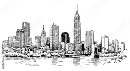 Detailed Skyline Sketch of a Thriving Metropolitan City with Riverfront Views and Iconic Skyscrapers Displaying Urban Architecture, Business and Travel Destinations for Presentations, and Advertising
