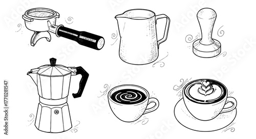 Coffee Brewing Tools and Beverages Illustration: Preparing Espresso, Latte Art and Fresh Brews at Home for Cafes or Marketing Materials, Coffee Shops and Modern Lifestyle Blogs (Monochrome, Hand-Drawn