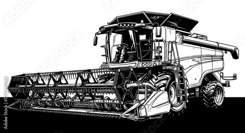 Detailed Line Art of Agricultural Combine Harvester Harvesting Crops in Field, Representing Modern Farming Technology for Food Production and Grain Harvesting, Black and White, Precision Illustration,