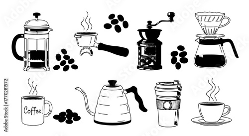 Elegant Coffee Brewing Methods and Equipment Illustrations: A Comprehensive Guide to Coffee Preparation at Home or Cafeteria, Featuring French Press, Pour Over, Kettle and Espresso for Drink Presentat