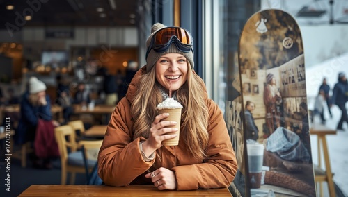 Smiling Woman Enjoying Warm Drink in a Cozy Cafe After Skiing in the Mountains