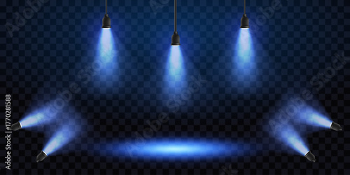 Realistic stage spotlights with warm light beams on a transparent background