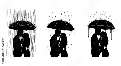 Romantic Couple Kissing in the Rain Under Umbrellas Silhouette, Expressing Love and Affection in a Stormy Night, Representing Relationships and Intimacy, Graphic Illustration for Valentine's Day Cards