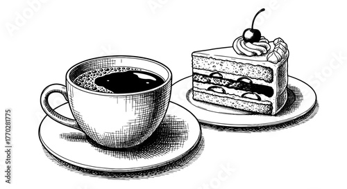 Cup of Coffee and Slice of Cake Illustration for Cafe Menu Design: Hand-Drawn Style for Restaurant Marketing, Bakery Advertising, Dessert Presentation,  Sweet Treat Promotion, Refreshment, Relaxation,