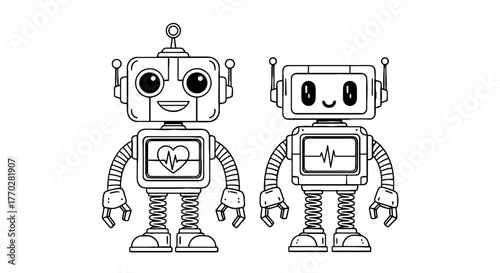 Friendly Robots Expressing Emotions on White Background: Retro-Futuristic Technology, Medical Care, Innovation, and Artificial Intelligence, Ideal for Healthcare Marketing, Educational Resources, and