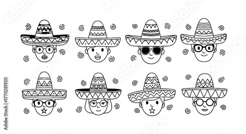 Festive Hand-Drawn Sombrero Faces Celebrating Cinco de Mayo with Whimsical Swirls, Representing Mexican Culture and Heritage in a Fun, Playful Way for Graphic Design, Cultural Celebrations, Education,