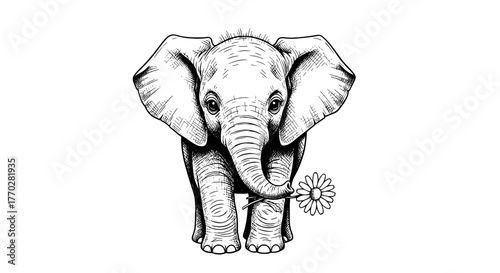 Adorable Baby Elephant Offering a Daisy Flower: Ink Sketch Illustration for Greeting Cards, Children's Books, and Animal Welfare Campaigns. Whimsical Design Element with Detailed Engraving, Ideal for