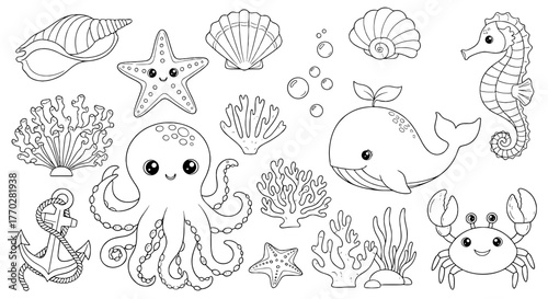 Charming Ocean Life Coloring Page: Adorable Sea Creatures in Aquatic Habitat for Creative Kids' Activity Book, Education, Marine Biology, Nautical Designs, Relaxing Art Therapy, and Digital Media Proj