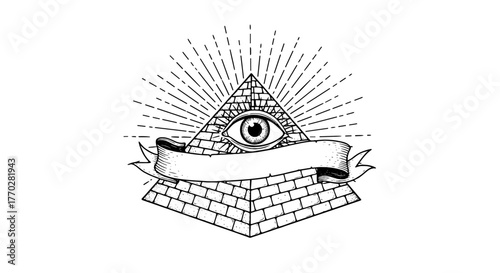 Monochrome All-Seeing Eye within a Pyramid Emblem with Banner for Mystic Signification, Representing Spirituality and Enlightenment, Isolated on White Background for Esoteric Presentation, Symbolic of