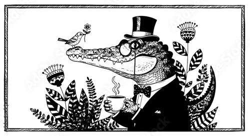 Dapper Alligator Sipping Coffee in a Lush Botanical Setting - A Whimsical Illustration for Creative Marketing, Fashion Branding, and Unique Invitations. A Crocodilian Gentleman Enjoying Tea with a Bir