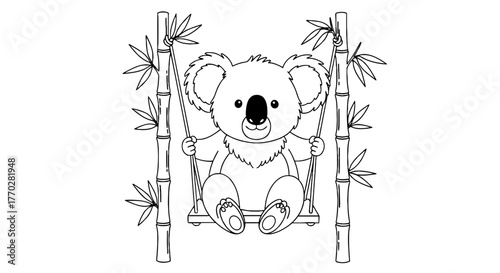 Adorable Koala Relaxing on Bamboo Swing: Whimsical Illustration for Children's Education & Nature Conservation, A Cute Animal in a Peaceful Setting, Perfect for Kids' Activities, Coloring Books, and E