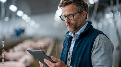 The Agriculturist’s Insights: An experienced agriculturist, with a keen focus, utilizes a digital tablet in a pig farming setup, collecting real-time information and insights. 