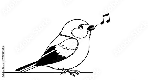 Singing Bird on Branch Illustration: Cute Songbird Perched, Delivering Melodious Tunes in a Minimalist Style for Children's Books and Nature-Themed Designs, Perfect for Educational Materials, Decorati