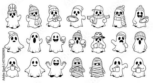 Collection of Halloween Ghosts in Various Costumes and Activities: Fun Seasonal Characters for Spooky Celebrations, Perfect for Holiday Greetings, Marketing,  Printables, Invitations, Parties, and Cre