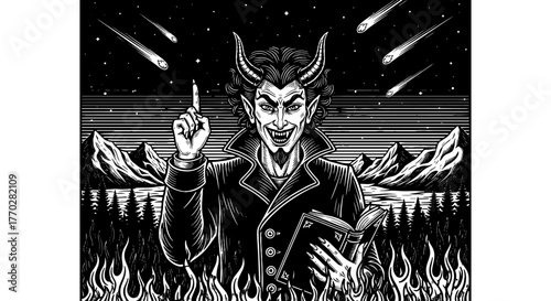 Devil Conjuring Dark Magic under a Starry Sky with Mountains and Fiery Flames - Occult, Gothic Illustration for Horror Concept, Fantasy Art, Halloween Graphic, Spiritualism, Macabre Themes, Black and
