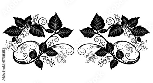 Elegant Foliage Ornamentation Flowing Across the Page: Delicate Floral Arrangement Featuring Leaves and Berries, Ideal for Invitations and Decorative Elements, Suitable for Wedding Stationery, Boutiqu