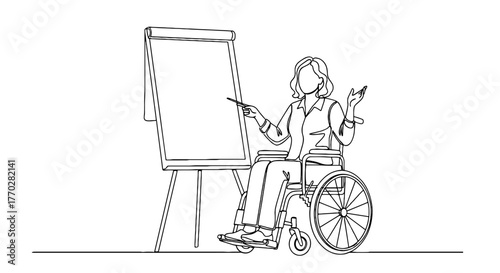 Businesswoman in Wheelchair Giving Presentation at Flip Chart in Modern Office: Inclusive Corporate Training, Disability Awareness, Accessibility Marketing, Educational Seminar, Professional Woman Lea