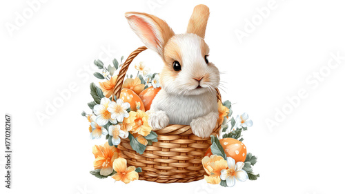 Fluffy brown rabbit with a basket of flowers is a cute Easter decoration