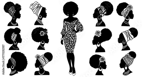 Elegant African Women Silhouettes Styling in Fashionable Dresses and Headwraps Showcasing Natural Hair, Celebrating Diversity,  Cultural Heritage, in a Modern Presentation,  Perfect for Beauty, Lifest