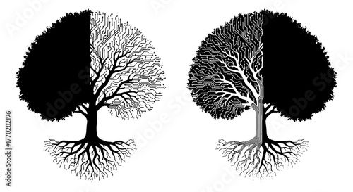 Digital Transformation of Nature: Trees Showing Circuit Board Patterns Symbolizing Technology and Growth in a Bipartite Composition for Innovation Concepts, Data Science, AI, Engineering, and IT Solut