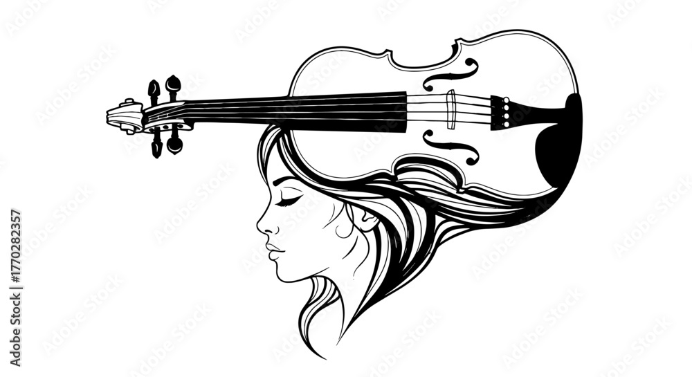 Obraz premium Elegant Woman Silhouetted with Violin: Musical Portrait of Artistic Expression, Dreaming of Melodies, and Conceptualizing Sound Design for Classical Music Promotion, Creative Arts, and Sophisticated B