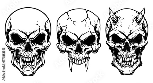 Three Evil Skulls Conjuring Dark Magic for Halloween Night, a Tattoo Design for Gothic Rock Band Album Artwork, Horrifying Death Heads Symbolizing Mortality, Graphic Illustration for Horror Movie Post