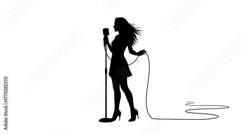 Female Singer Performing on Stage with Vintage Microphone Silhouette: Expressive vocalist in concert, captivating silhouette for music event, entertainment industry ads, promotional graphic, vector ar