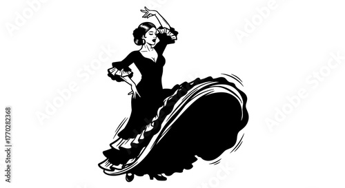 Elegant Spanish Flamenco Dancer Performing with Passion in a Traditional Gown, Expressing Cultural Heritage & Artistic Expression, Perfect for Dance Performances, Events, & Cultural Illustrations, Dep