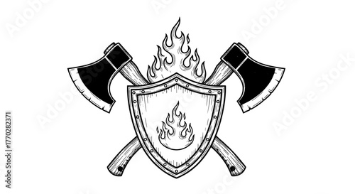 Bold Firefighter Emblem Featuring Crossed Axes and Shield with Flames, Representing Protection, Bravery, and Rescue Operations in Emergency Situations, Graphic Illustration Style for Historical Design