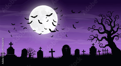 Spooky Halloween night scene in a haunting graveyard. Silhouetted tombstones and a bare tree stand beneath a luminous full moon, bats flying across a vibrant purple sky