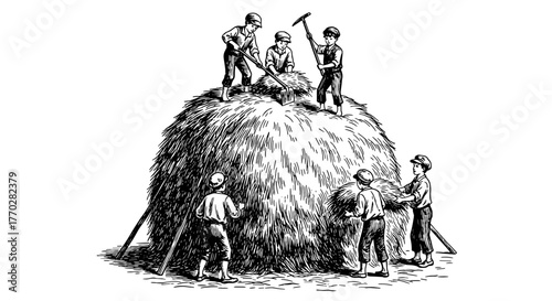 Vintage Illustration of Farm Boys Haymaking on a Rural Farmstead, Harvesting and Stacking Hay, Depicting Traditional Farming Practices and Agricultural Labor in a Nostalgic Style, Suitable for Histori