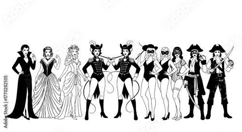 Group of Women in Diverse Halloween Costumes Posing, Vampire, Queen, Can Can Dancer, Pirate, Carnival Outfits, Festive Celebration, Fantasy Characters, Masquerade, Elegant Black and White Design, Part