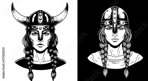 Empowered Viking Woman Warriors Portrayed in Bold Black and White: Confident Heroines Ready for Battle - Perfect for Historical Designs, Gaming Concepts, Mythology-Inspired Art, Album Covers, Digital