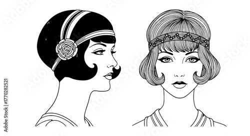 Vintage Flapper Girls Portraits in 1920s Art Deco Style, Elegant Retro Fashion Illustration for Glamour, Beauty, and Historical Themes.  Nostalgic Artwork Perfect for Graphic Design, Historical Educat