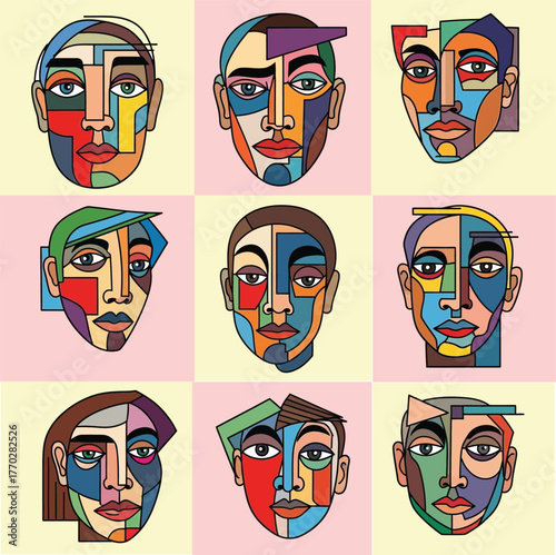Abstract human faces created with asymmetrical geometric elements — modern cubist style vector art, minimalist portrait illustration, creative design set