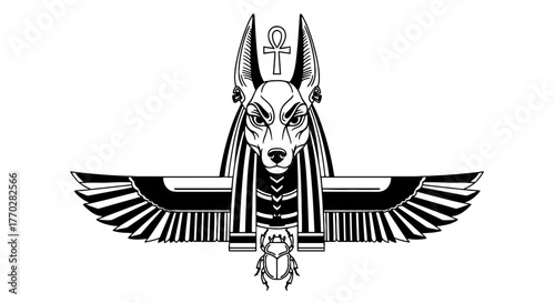 Majestic Anubis Illustration: Guardian of the Afterlife Emblem with Detailed Wings and Scarab, Ancient Egyptian Mythology Art for Cultural Projects & Creative Designs (Vector Graphic Style)