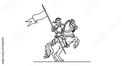 Brave Knight on Horseback Bearing a Flag:  Engage in Medieval Fantasy Adventures, Heraldry, and Chivalry Illustrations Depicting Courageous Valor for Historical Narrative and Line Art, Ideal for Story
